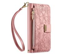 JIUNINE Funda Libro para Realme GT 7 / GT 7T, Cartera Mujer con 6 Ranuras para Tarjetas, Monedero Cremallera, Cierre Magnético, Soporte Plegable, Diseño Floral con Hojas en Relieve, Rosado