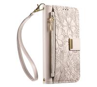 JIUNINE Funda Libro para Xiaomi Poco F7 Pro, Cartera Mujer con 6 Ranuras para Tarjetas, Monedero Cremallera, Cierre Magnético, Soporte Plegable, Diseño Floral con Hojas en Relieve, Blanco