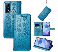 JIUNINE Funda para OPPO A16 / A16S / A54S, Antigolpes Carcasa Libro con Tapa en Cuero Flip Case Cover con Patrón de Perro y Gato Cierre Magnético, Cartera y Soporte para OPPO A16 / A54S, Azul