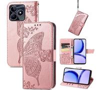 JIUNINE Funda para Realme C53 / C51 / Realme Note 50, Funda de Cuero PU Premium Flip Folio con Dibujos de Mariposa, Cierre Magnético, Ranura para Tarjeta, Plegable Tapa Libro Carcasa, Oro Rosa