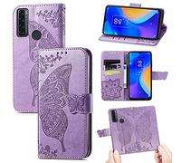 JIUNINE Funda para TCL 20 SE, Antigolpes Carcasa Libro con Tapa en Cuero Flip Case Cover con Dibujos de Mariposa, Cierre Magnético, Cartera y Soporte para TCL 20 SE, Púrpura