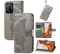 JIUNINE Funda para Xiaomi Mi 11T / 11T Pro, Antigolpes Carcasa Libro con Tapa en Cuero Flip Case Cover con Dibujos de Mariposa, Cierre Magnético, Cartera y Soporte para Xiaomi Mi 11T, Gris