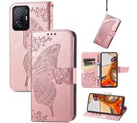 JIUNINE Funda para Xiaomi Mi 11T / 11T Pro, Antigolpes Carcasa Libro con Tapa en Cuero Flip Case Cover con Dibujos de Mariposa, Cierre Magnético, Cartera y Soporte para Xiaomi Mi 11T, Oro Rosa