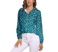 JiuPopular Blusa de manga larga para mujer, diseño de Zombies Dead Men Walking Body at Night, camisa de manga larga con botones para fiesta de trabajo, Escamas de aguamarina, XXL