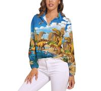 JiuPopular Blusa de manga larga para mujer, diseño de Zombies Dead Men Walking Body at Night, camisa de manga larga con botones para fiesta de trabajo, Dinosaurio Carnivoros, XL