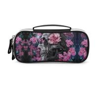 JiuPopular Bolsa de cosméticos portátil de poliuretano, bolsa de papelería con diseño de calavera de flores utilizada como estuche para lápices para oficina y escuela, bolsa de viaje de negocios o