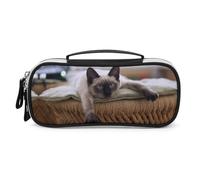JiuPopular Bolsa de cosméticos portátil de poliuretano, bolsa de papelería con diseño de gato tailandés siamés, se utiliza como estuche para lápices para oficina y escuela, bolsa de viaje de negocios