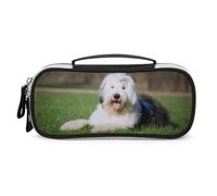 JiuPopular Bolsa de cosméticos portátil de poliuretano, bolsa de papelería de perro pastor inglés antiguo, se utiliza como estuche para lápices para oficina y escuela, bolsa de viaje de negocios o