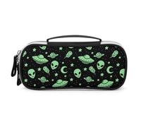 JiuPopular Bolsa de cosméticos portátil de poliuretano, bolsa de papelería verde con diseño de luna alienígena utilizada como estuche para lápices para oficina y escuela, bolsa de viaje de negocios o