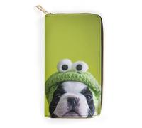 JiuPopular Cartera de cuero, bonita abeja, tamaño pequeño y gran capacidad, fácil de llevar, Bulldog francés con sombrero de rana, 19.7x10.5cm, Moderno