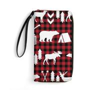 JiuPopular Cartera de cuero, diseño de tiranosaurio Rex de dinosaurio, con cuerda, tamaño pequeño y gran capacidad, fácil de transportar, Buffalo Plaid Woodland Christmas, 19.7x10.5cm, Moderno