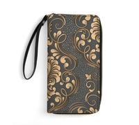 JiuPopular Cartera de piel, diseño de bulldog francés, con cuerda, tamaño pequeño y gran capacidad, fácil de transportar, Paisley rococó floral con dorado, 19.7x10.5cm, Moderno