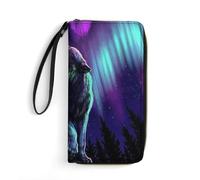 JiuPopular Cartera de piel, diseño de cielo estrellado, con purpurina, con cuerda, tamaño pequeño y gran capacidad, fácil de transportar, Lobos aullan en la aurora boreal, 19.7x10.5cm, Moderno