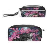 JiuPopular Estuche de cuero para lápices, bolsa de papelería de flores de calavera utilizada como estuche para oficina y escuela, bolsa de viaje de negocios o caja de herramientas pequeña, bolsa de