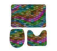 JiuPopular Juego de alfombrillas de baño de 3 piezas, diseño de escamas de pez arcoíris y tapete de inodoro, tapete antideslizante para baño, inodoro