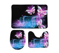 JiuPopular Juego de alfombrillas de baño de 3 piezas, diseño de mariposas rosadas brillantes en la noche, juego de alfombrillas de baño y alfombrillas de inodoro, alfombrilla antideslizante para baño
