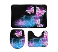 JiuPopular Juego de alfombrillas de baño de 3 piezas, diseño de mariposas rosadas brillantes en la noche, juego de alfombrillas de baño y alfombrillas de inodoro, alfombrilla antideslizante para baño