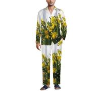JiuPopular Ropa de dormir para hombre, conjunto de pijama de abeja pequeña, camisa de manga larga con botones y pantalones, Ramo de narcisos, M