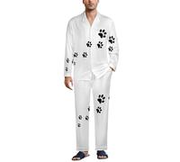 JiuPopular Ropa de dormir para hombre, conjunto de pijama de calavera negra, camisa de manga larga con botones y pantalones, huellas de pata de animales, S