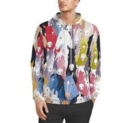 JiuPopular Sudadera con capucha para hombre, diseño de caballos de dibujos animados, de manga larga, informal, con bolsillos, Coloridos caballos de dibujos animados lindos cacatúas, L