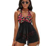 JiuPopular Traje de baño con purpurina plateada brillante, conjunto de tankini halter de 2 piezas, Sandía roja, XL