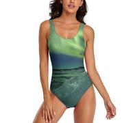 JiuPopular Traje de baño para mujer, bonito conjunto de bikini de erizo, traje de baño de una pieza, Hermosa aurora boreal, L