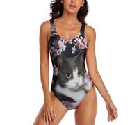 JiuPopular Traje de baño para mujer, conjunto de bikini de campo de fútbol verde, traje de baño de una pieza, Flores de gato y cerezo, L