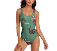 JiuPopular Traje de baño para mujer, conjunto de bikini de mariposa morada, traje de baño de una pieza, Perro salchicha de Navidad, L