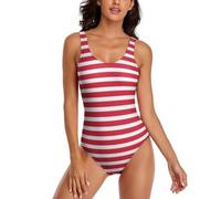 JiuPopular Traje de baño para mujer, conjunto de bikini verde con plantas tropicales de la selva, trajes de baño de una pieza, Patrón de rayas blancas y rojas, L