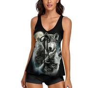 JiuPopular Trajes de baño para mujer, lindo tankini de zorro para mujer con pantalones cortos, trajes de baño para surf, buceo, Tres lobos y luna, XL