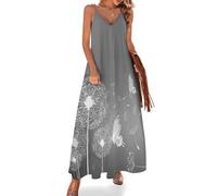 JiuPopular Vestido largo de verano para mujer, Fortune Daruma, vestido de verano con cuello en V, tirantes delgados, vestido de playa, Mariposa blanca y diente de león, 4XL Alto