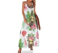 JiuPopular Vestido largo de verano para mujer, vestido de verano con estampado de pata de perro, cuello en V, tirantes delgados, vestido de, Perezoso floral rosa, XXL Alto