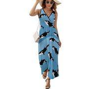 JiuPopular Vestido sin mangas, bonito vestido de chihuahua, vestido largo casual de verano con cuello en V para laydies, Linda ballena asesina, 3XL