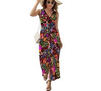 JiuPopular Vestido sin mangas, estampado navideño, vestido de píxeles rojos y blancos, vestido largo casual de verano para Laydies, Paz y amor, M