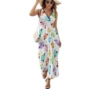 JiuPopular Vestido sin mangas, hermoso vestido de olas del océano, vestido largo casual de verano con cuello en V para laydies, Bonito diseño de búho, 4XL
