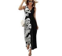 JiuPopular Vestido sin mangas, hermoso vestido de olas del océano, vestido largo casual de verano con cuello en V para laydies, Calaveras negras, M