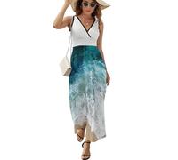 JiuPopular Vestido sin mangas, hermoso vestido de olas del océano, vestido largo casual de verano con cuello en V para laydies, Hermosas olas del océano, XL