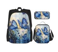 JIUTY Blue Butterflies - Mochila escolar de 16 pulgadas con fiambrera, mochilas grandes para primaria y preescolar, Black, Talla única, Juego de mochila escolar