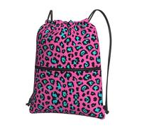 JIUTY Bonita mochila con cierre de cremallera y estampado de leopardo turquesa, bolsa de hombro con cordón, ligera compacta para entrenamiento y sesiones