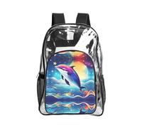 JIUTY Colorido cielo estrellado océano delfín impresión transparente mochila de seguridad PVC escuela mochila viaje bolsillo frontal malla moderna utilidad