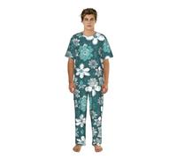 JIUTY Conjunto de ropa de casa para hombre, con estampado floral, color verde azulado y blanco, camiseta de cuello redondo, pantalones relajados, pijamas estampados, regalos para padres y hermanos