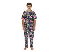 JIUTY Conjunto de ropa para el hogar con estampado de animales otomíes mexicanos, camiseta de cuello redondo, pantalones relajados, pijamas estampados, regalos para padres hermanos, Negro, 3XL