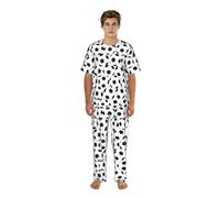 JIUTY Conjunto de ropa para el hogar con estampado de balón de fútbol en blanco y negro, camiseta de cuello redondo, pantalones relajados, pijamas estampados, regalos para padres y hermanos, Negro