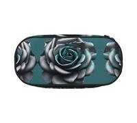 JIUTY Estuche para lápices con cremallera y diseño de rosas y rosas en color verde azulado, organizador portátil de escritorio de oficina para adultos, Black, Talla única, Organizador de bolsas