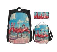 JIUTY Flock of Red Flamingos On The Beach - Mochila escolar de 16 pulgadas con fiambrera, mochilas grandes para primaria y preescolar, Black, Talla única, Juego de mochila escolar