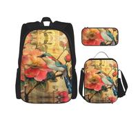 JIUTY Flower and Bird - Mochila escolar de 16 pulgadas con fiambrera, mochilas grandes para primaria y preescolar, Black, Talla única, Juego de mochila escolar