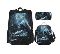 JIUTY Hacker Attack - Mochila escolar de 16 pulgadas con fiambrera, mochilas grandes para primaria y preescolar, Black, Talla única, Juego de mochila escolar