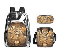 JIUTY Juego de mochila 3 en 1 con diseño de mapa del mundo manchado antiguo, bolsa transparente para la escuela, trabajo, eventos en estadio y transporte diario