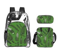 JIUTY Juego de mochila 3 en 1 con estampado de hojas de helecho y silueta de plantas naturales, juego de bolsa transparente para la escuela, trabajo, estadio y transporte diario