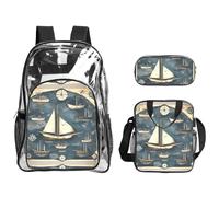 JIUTY Juego de mochila 3 en 1 con estampado de mapa náutico de velero, bolsa transparente para eventos escolares, trabajo, estadio y transporte diario